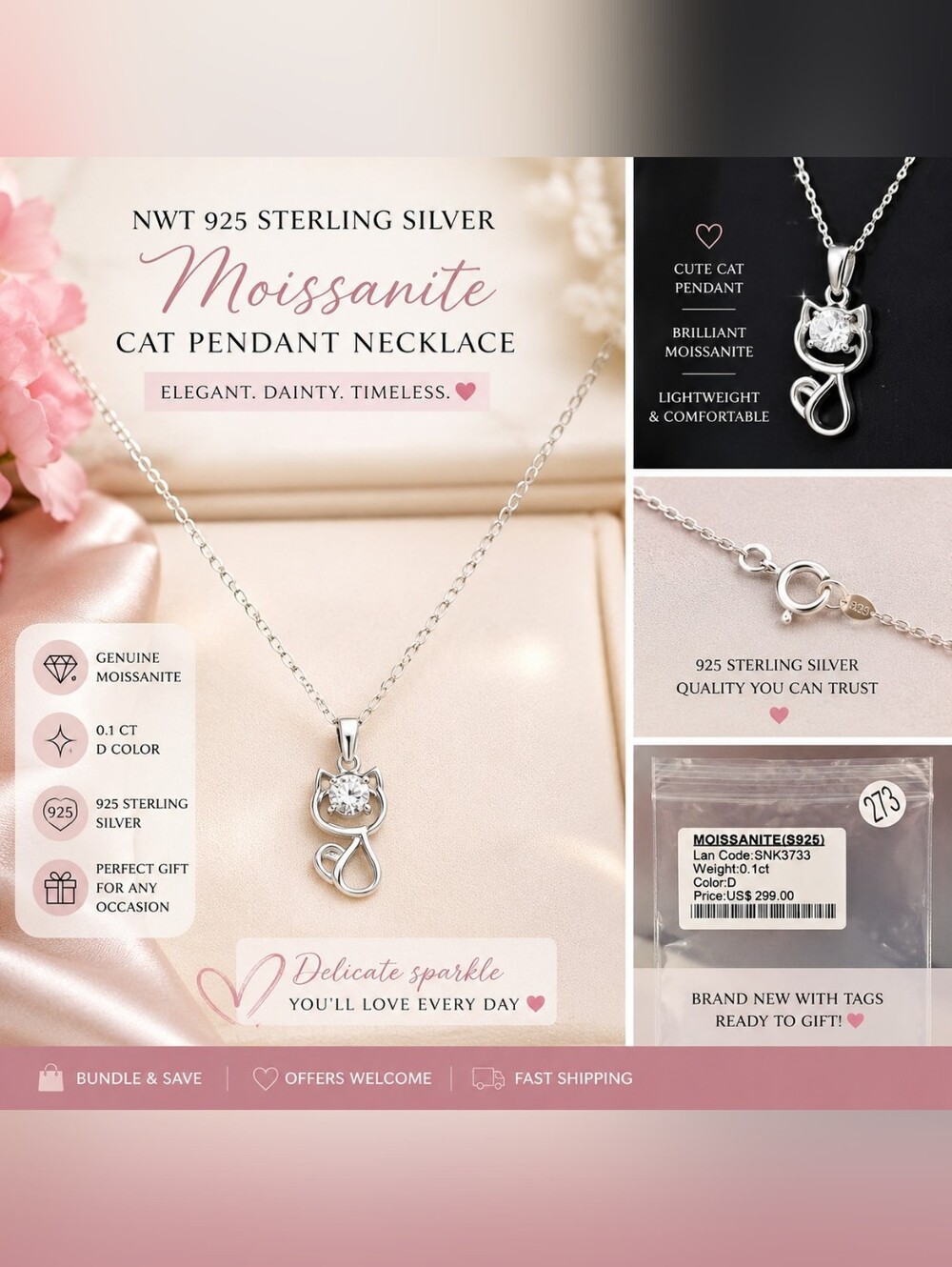 ✨️Dainty White Moissanite Cat Pendant Necklace - 925 Sterling Silver